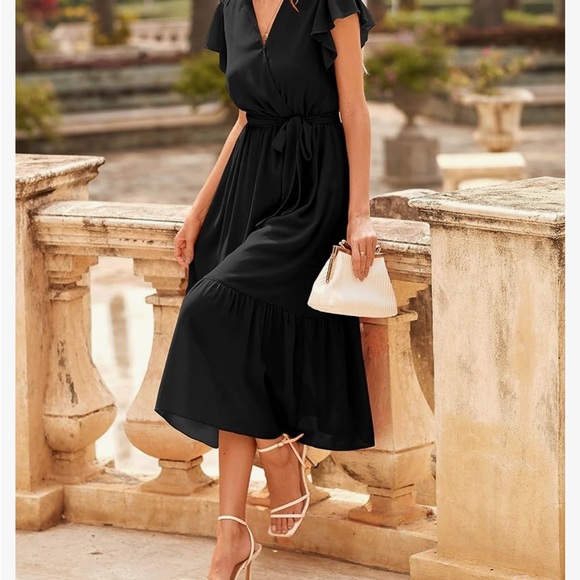 Bohemian Casual Wrap V Neck Ruffle Cap Sleeveless Belt A-Line Pleated Hem Midi - Picture 3 of 11